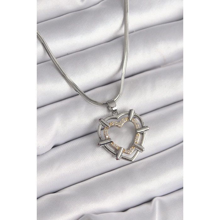 316L Çelik Gümüş Renk İtalyan Zincir Mix Renk Zirkon Taş Detay Kalp Model Kadın Kolye
