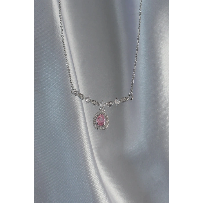 316L Çelik Gümüş Renk Pembe Zirkon Taşlı Damla Kolye