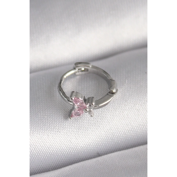 316L Çelik Gümüş Renk Pembe Zirkon Taşlı Kelebek Model Tragus Piercing