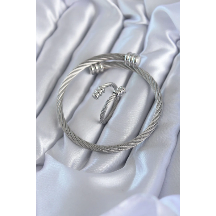 316L Çelik Gümüş Renk Sarmal Model Erkek Bileklik Yüzük Kombini