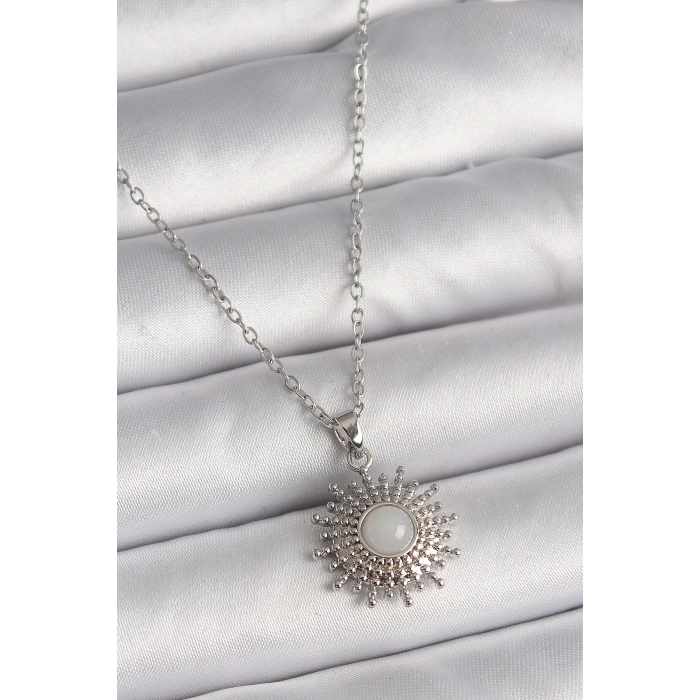 316L Çelik Gümüş Renk Zincir Beyaz Mineli Güneş Model Kadın Kolye