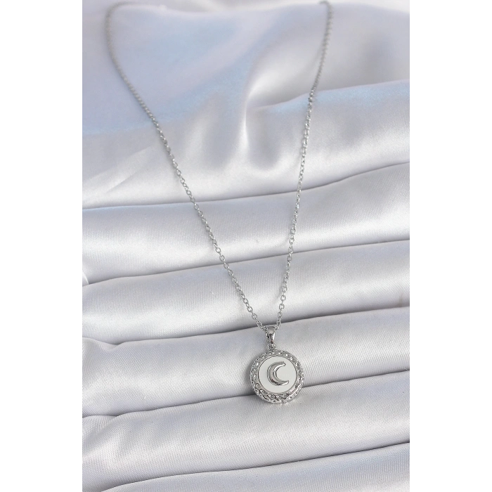 316L Çelik Gümüş Renk Zincir Beyaz Mineli Hilal İşlemeli Madalyon Model Kadın Kolye