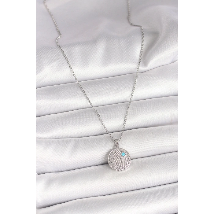 316L Çelik Gümüş Renk Zincir Zirkon Taşlı Mavi Taş Detaylı Madalyon Model Kadın Kolye