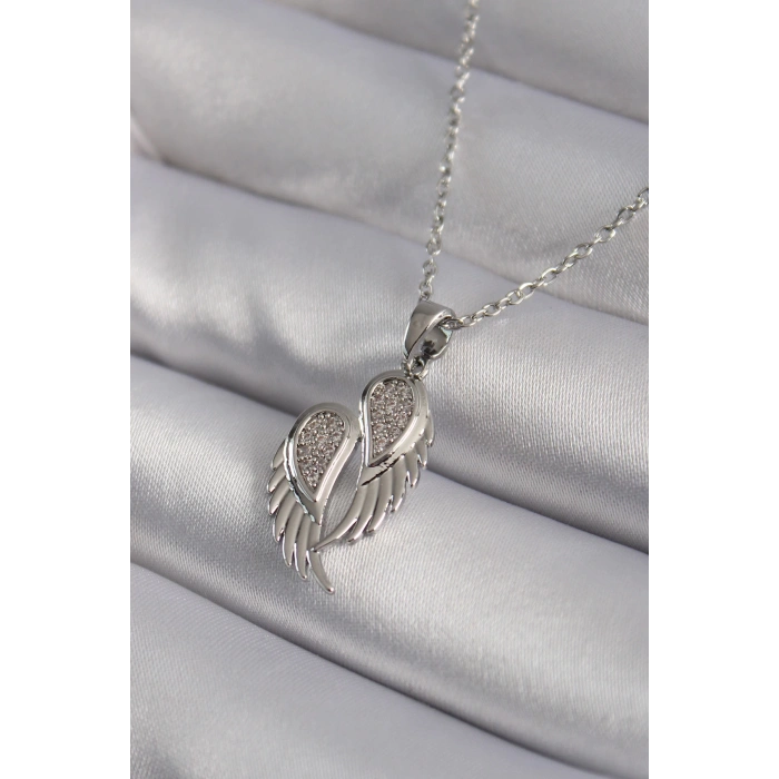 316L Çelik Gümüş Renk Zirkon Taşlı Kanat Model Kadın Kolye