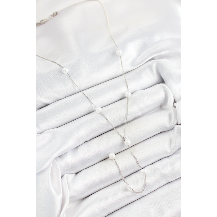 316L Çelik İnci Figürlü Y Model Gümüş Renk Kadın Kolye