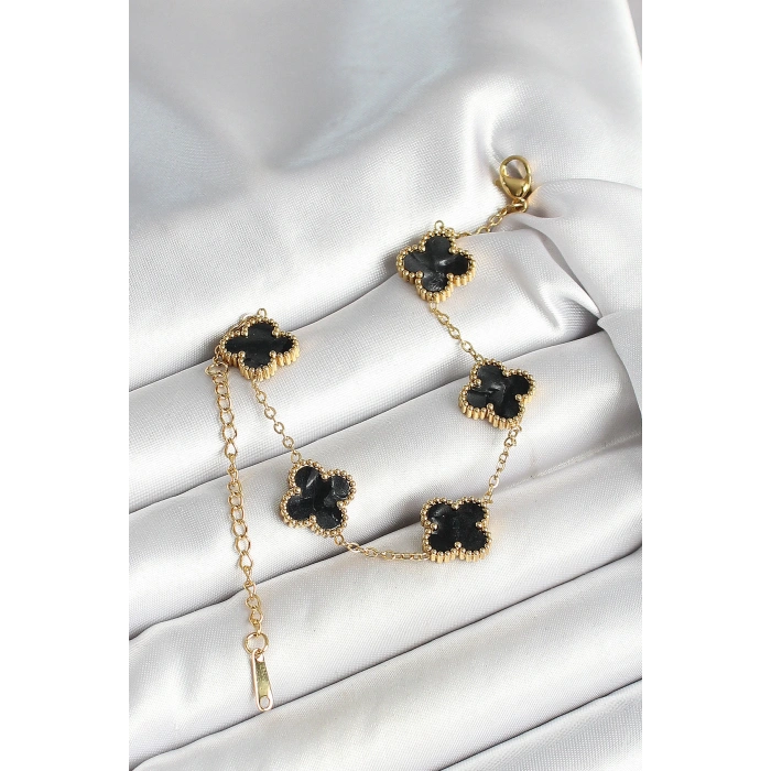 316L Çelik Sedefli Siyah Gold Renk Yonca Kadın Bileklik