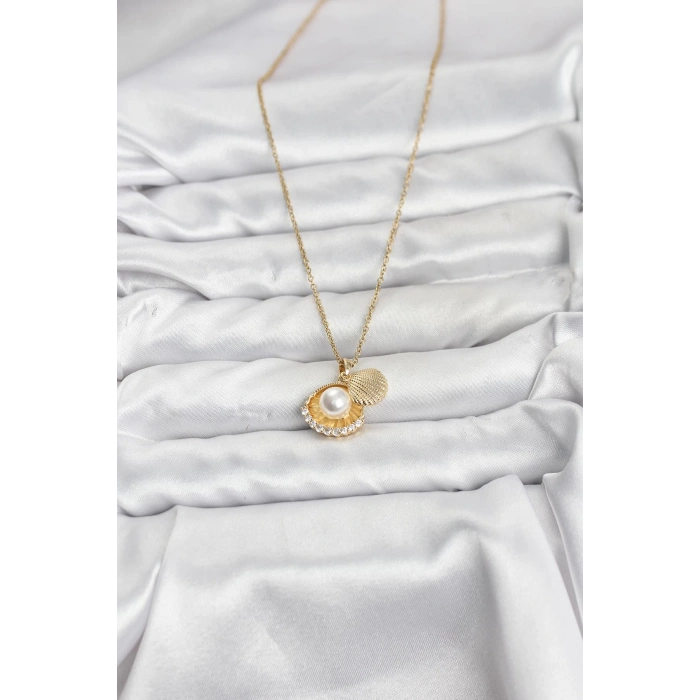 316L Çelik Zincir Gold Renk İncili Deniz Kabuğu Model Zirkon Taşlı Kadın Kolye