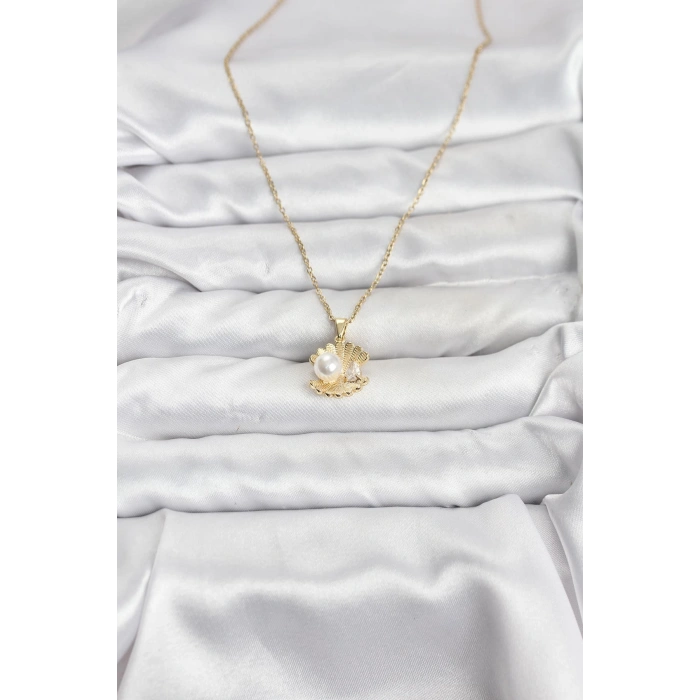 316L Çelik Zincir Gold Renk İstiridye İnci Model Zirkon Taşlı Kadın Kolye