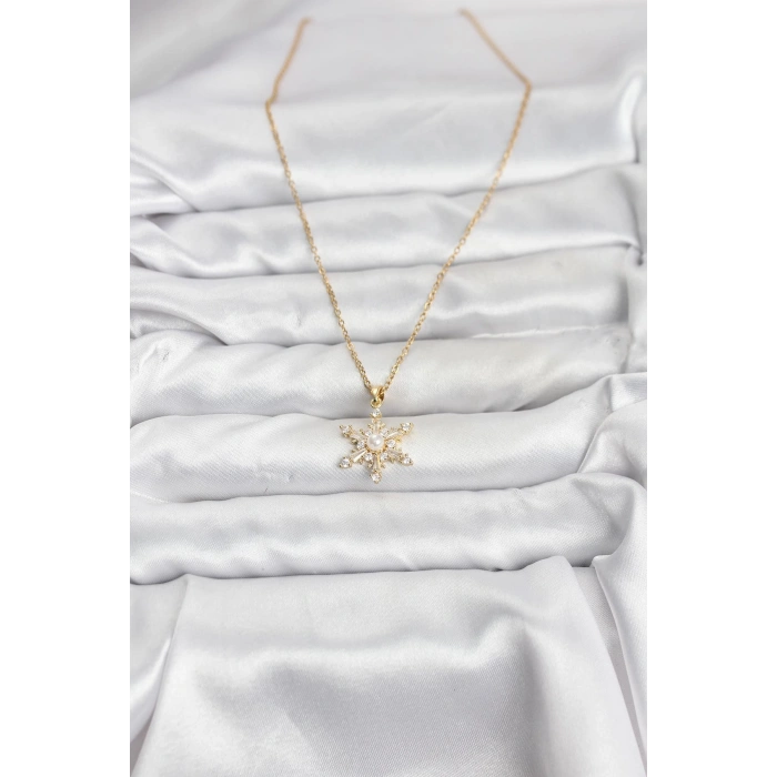 316L Çelik Zincir Gold Renk Kar Tanesi Model Zirkon Taşlı Kadın Kolye
