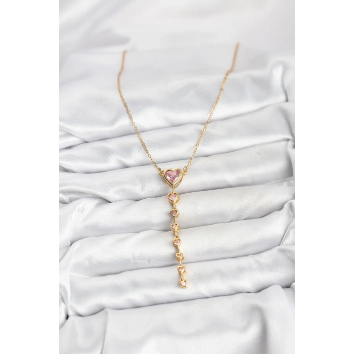 316L Çelik Zincir Gold Renk Pembe Kalp Kadın Kolye