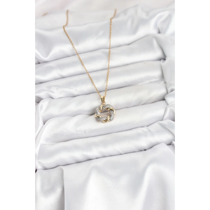 316L Çelik Zincir Gold Renk Zirkon Taşlı Sarmal Model Kadın Kolye