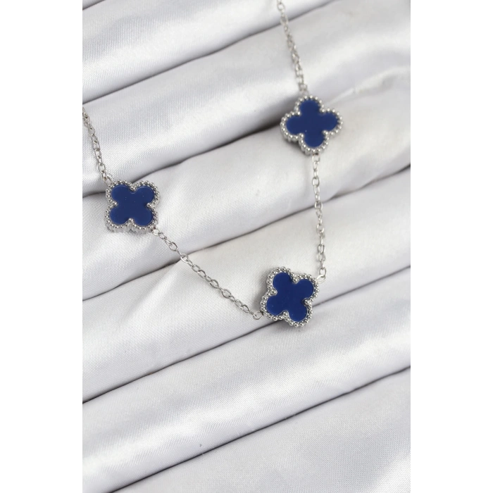 316L Çelik Zincir Gümüş Lacivert Renk Yonca Kadın Kolye