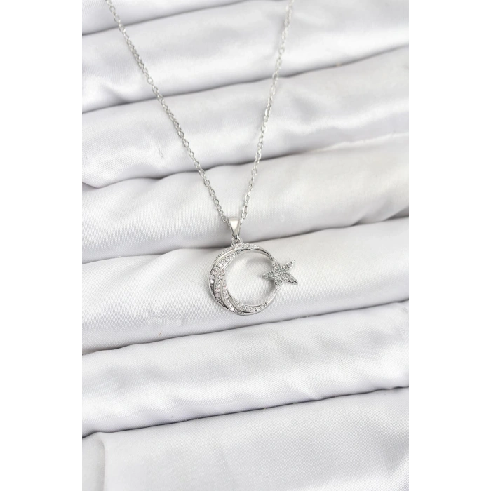 316L Çelik Zincir Gümüş Renk Ay Yıldız Model Zirkon Taşlı Kadın Kolye