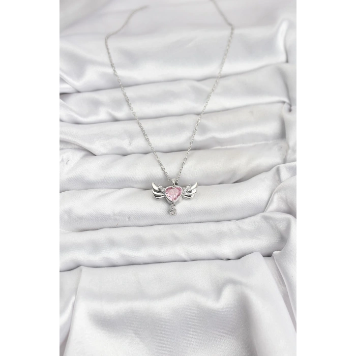 316L Çelik Zincir Gümüş Renk Kanatlı Kalp Model Zirkon Taşlı Kadın Kolye
