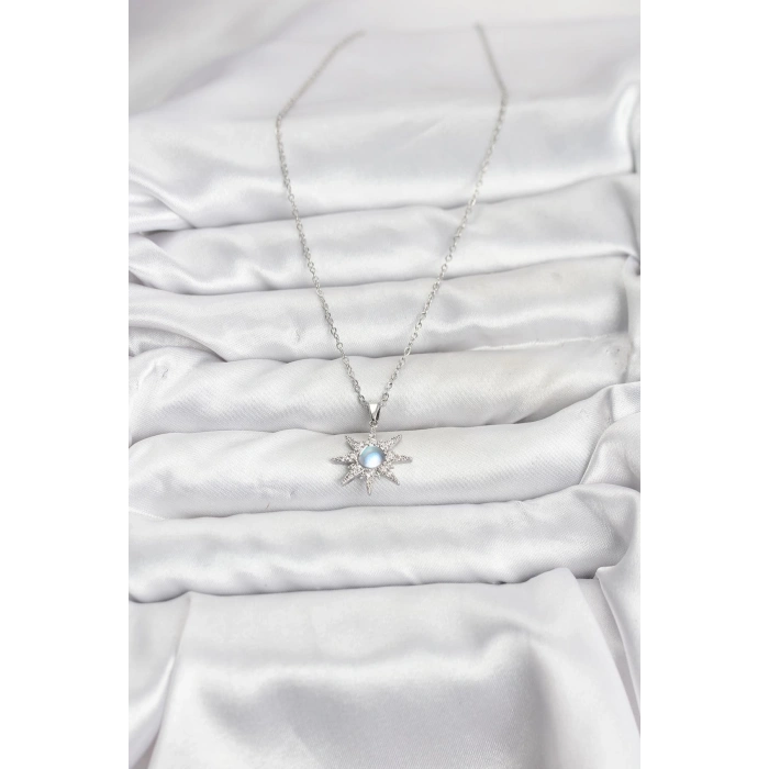 316L Çelik Zincir Gümüş Renk Kutup Yıldızı Model Zirkon Taşlı Kadın Kolye