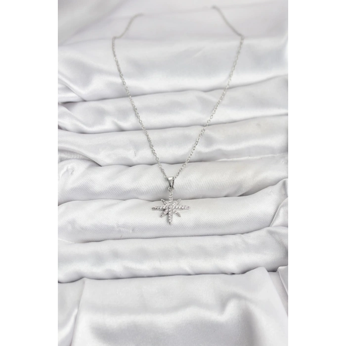 316L Çelik Zincir Gümüş Renk Kutup Yıldızı Model Zirkon Taşlı Kadın Kolye