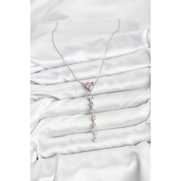 316L Çelik Zincir Gümüş Renk Pembe Kalp Kadın Kolye