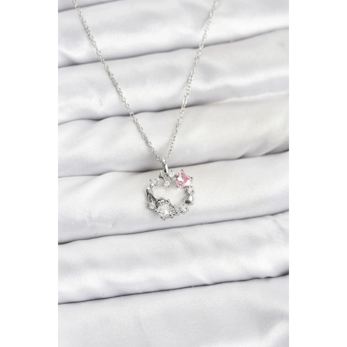 316L Çelik Zincir Gümüş Renk Pembe Taş Detaylı Çelenk Model Kadın Kolye