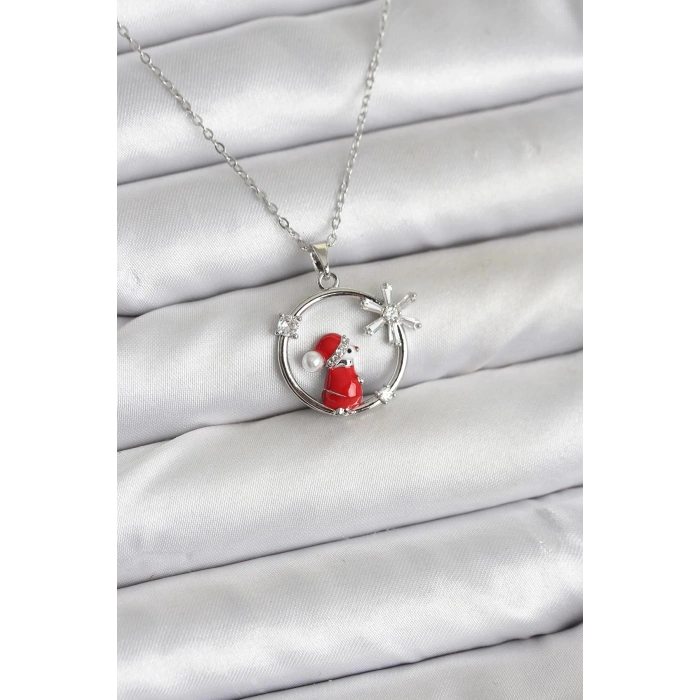 316L Çelik Zincir Gümüş Zirkon Taşlı Yılbaşı Tema Kadın Kolye