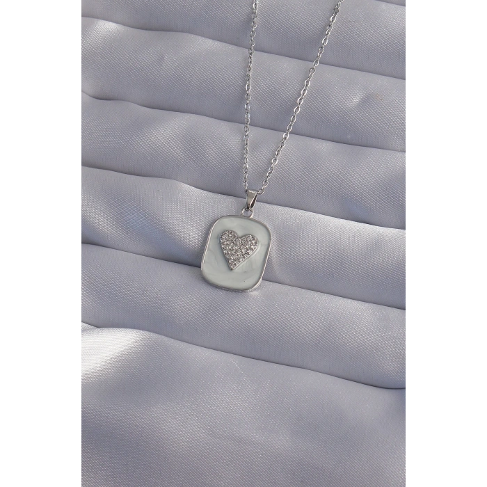 316L Çelik Zincir Mermer Desenli Gümüş Renk Zirkon Taşlı Kalp Model Kolye