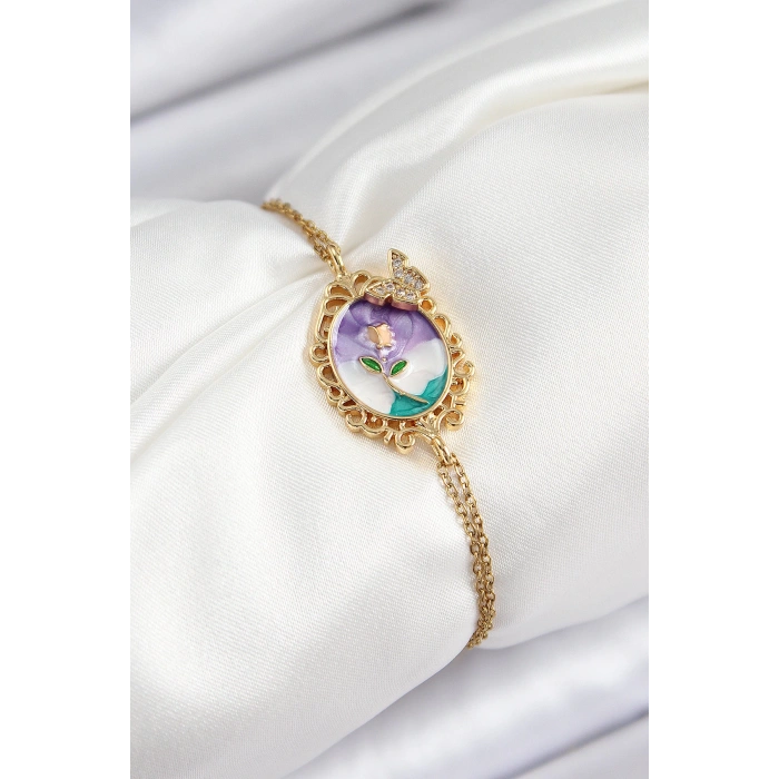 316L Çelik Zincir Mineli Sanatsal Portre Zirkon Taşlı Kelebek Detaylı Çiçek Model Gold Renk Kadın Bileklik