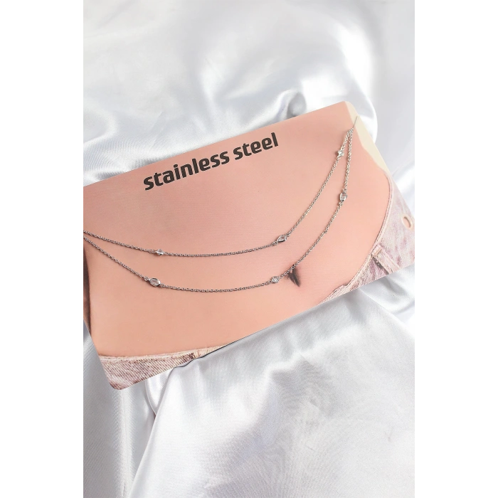 316L Çelik Zirkon Taşlı Damla Model Gümüş Renk Göbek Zinciri