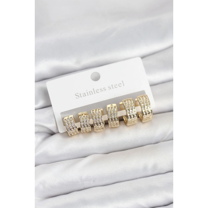 316L Çelik Zirkon Taşlı Gold Halka Küpe Seti