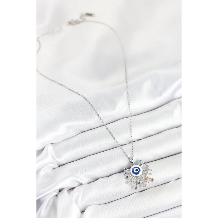 316L Çelik Zirkon Taşlı Nazar Model Gümüş Renk Kadın Kolye