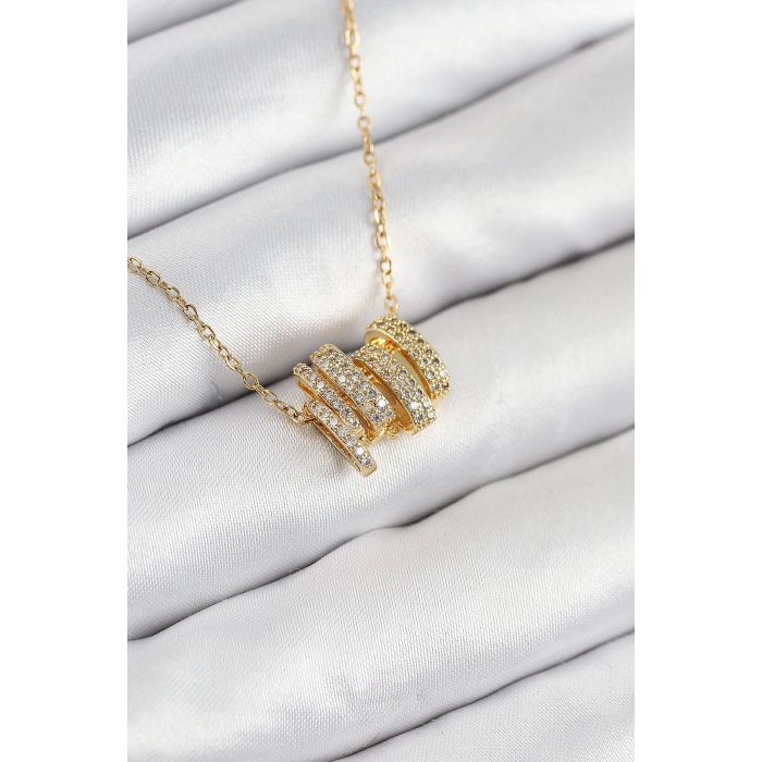 316L Çelik Zirkon Taşlı Sarmal Model Gold Renk Kadın Kolye