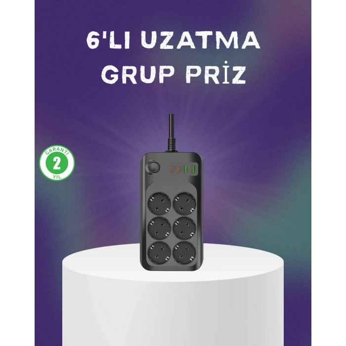 6 Prizli Çoklu Uzatma Kablosu USB Type-C Hızlı Şarj Termal Koruma