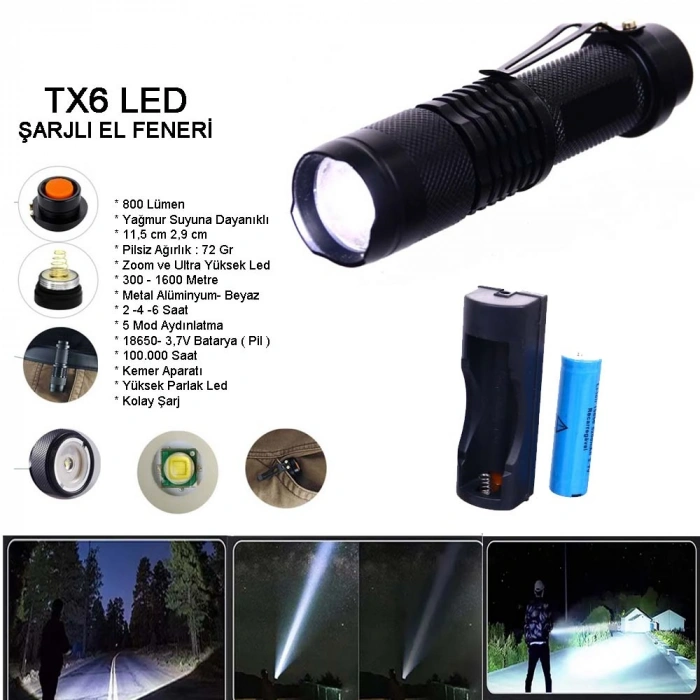 800 Lümen T6 Şarjlı EL Feneri Wt-086