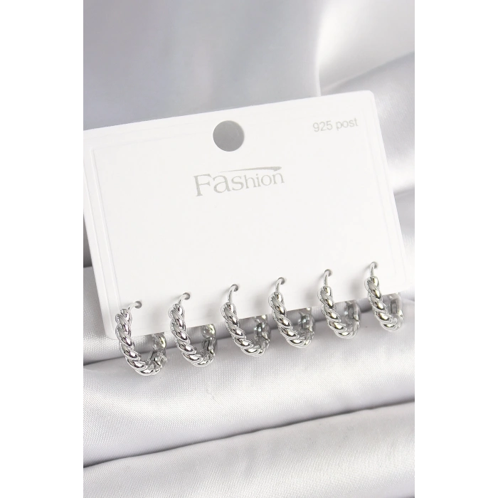 925 Ayar Gümüş Çivi Pirinç Gümüş Renk Sarmal Halka Model Kadın Küpe Seti