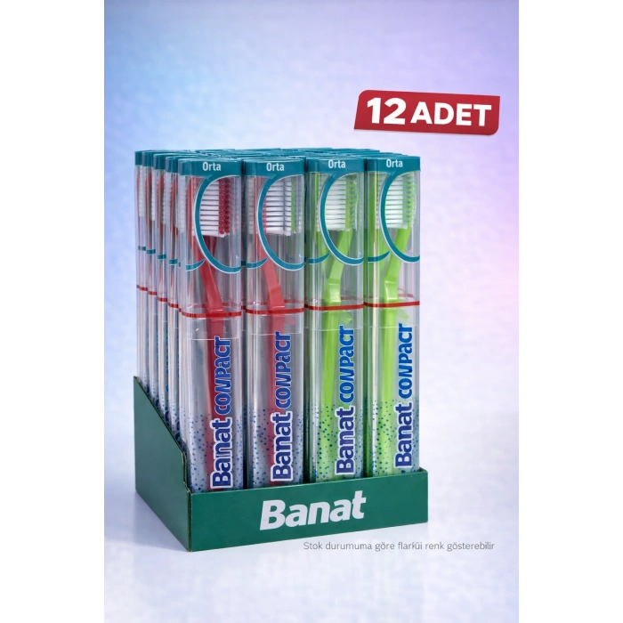 Banat Compact Kutulu Diş Fırçası 12 Adet Orta Sert Standlı Ekonomik Paket