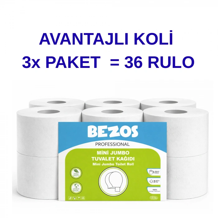 Professional Mini Jumbo Tuvalet Kağıdı 36 Rulo | 2 Katlı | %100 Selüloz | Endüstriyel & Ev Tipi Kullanım 3X12RULO