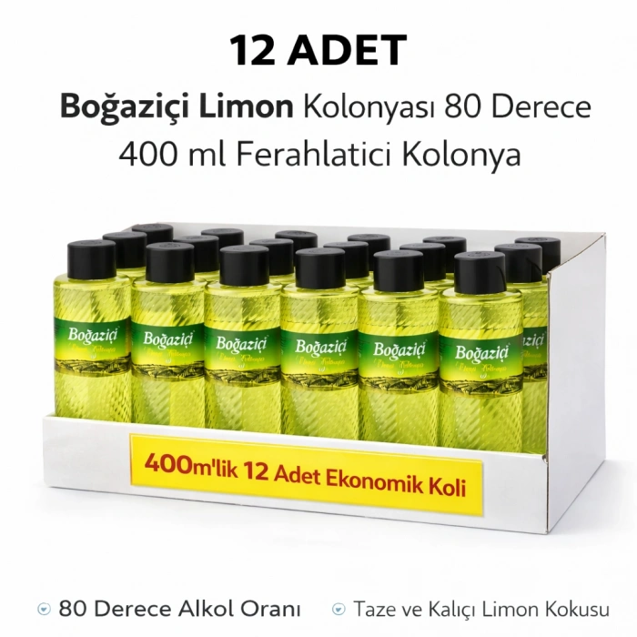 Boğaziçi 80° Limon Kolonyası 400 ml Klasik Ferahlatıcı ve Hijyenik Kolonya 12 ADET