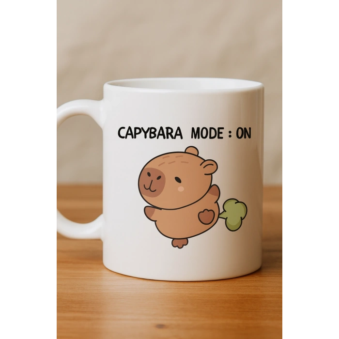 Capybara Mode On Yazılı Komik Tasarım Kupa Model 238 Sevimli Baskılı Seramik Kahve Kupası