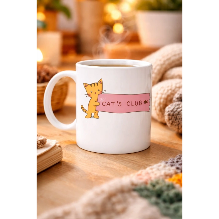 Cat’s Club Kedi Desenli Porselen Kupa MODEL 68 – Sevimli Turuncu Kedi Figürlü, Kahve & Çay Kupası, Kedi Severlere Özel Hediye