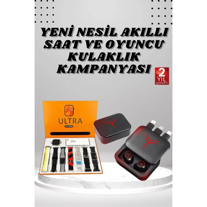 Dijital Göstergeli Powerbank Kablosuz Kulaklık ve 7 Kordonlu Yeni Nesil Akıllı Saat Dokunmatik Kontrol