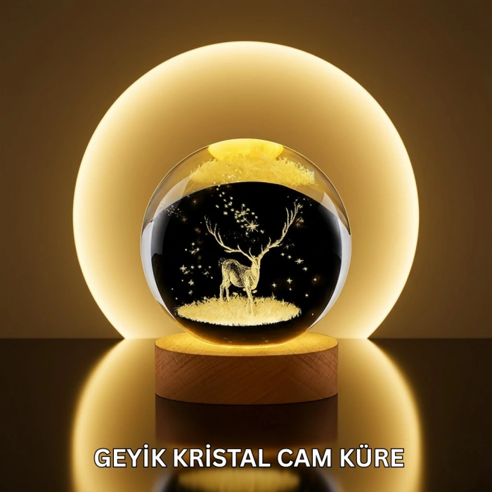 Doğal Ahşap Standlı Geyik Figürlü Kristal Küre LED Dekoratif Lamba