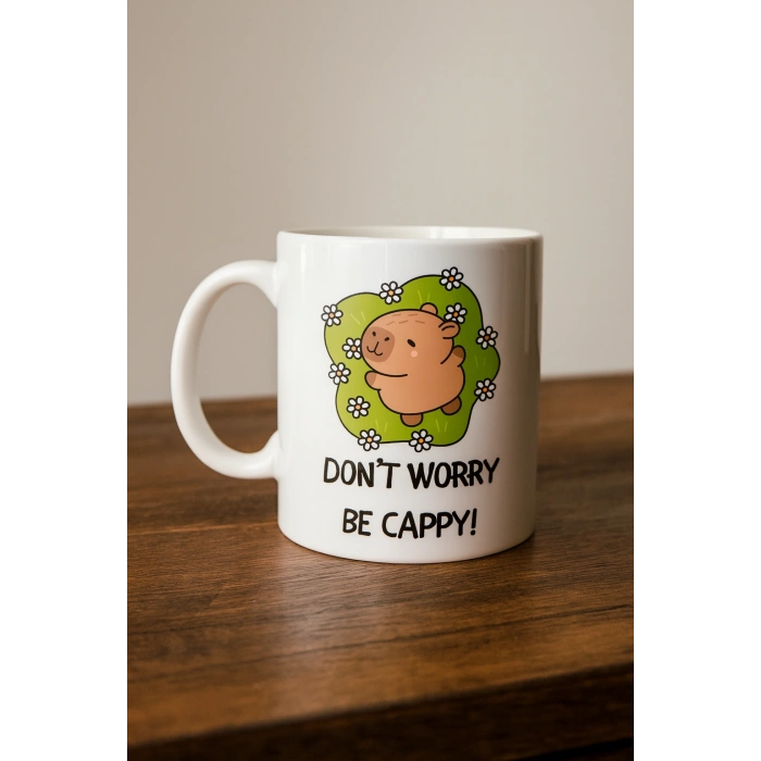 Don’t Worry Be Cappy Tasarım Kupa Model 231 Sevimli Kapibara Baskılı Seramik Kahve Kupası
