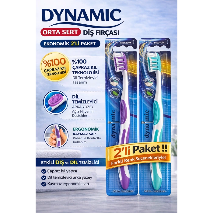 Dynamic Orta Sert Diş Fırçası 2 Adet Medium Çapraz Kıl Teknolojili Dil Temizleyicili Ergonomik Saplı Diş Fırçası