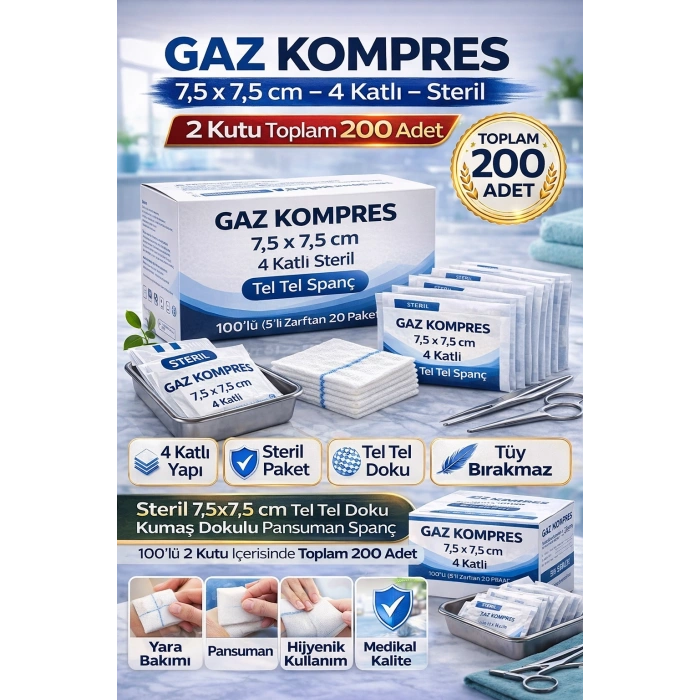 Gaz Kompres 7,5x7,5 cm 4 Katlı Steril 200 Adet Tel Tel Spanç Pansuman Bezi (2KUTU)