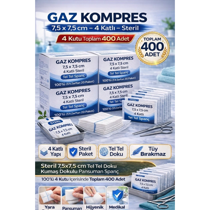 Gaz Kompres 7,5x7,5 cm 4 Katlı Steril 400 Adet Tel Tel Spanç Pansuman Bezi(4KUTU)
