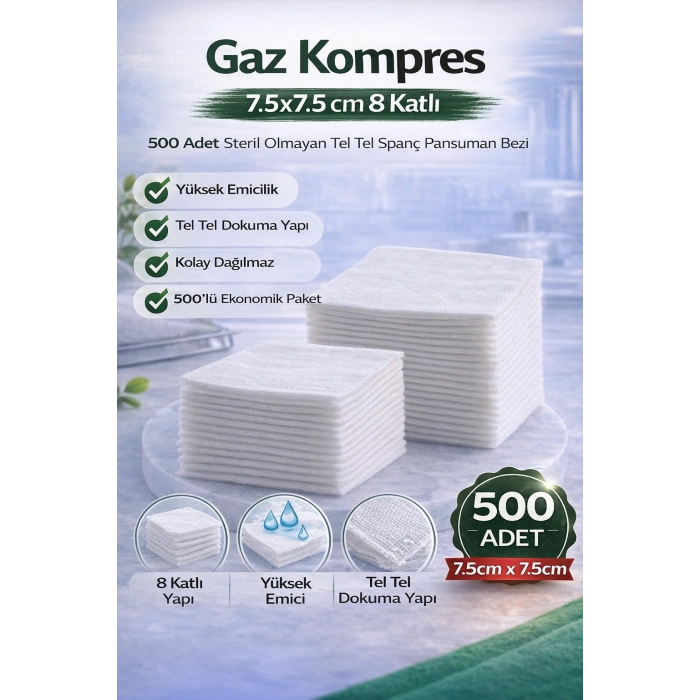 Gaz Kompres 7,5x7,5 cm 8 Katlı 500 Adet Steril Olmayan Tel Tel Spanç Pansuman Bezi
