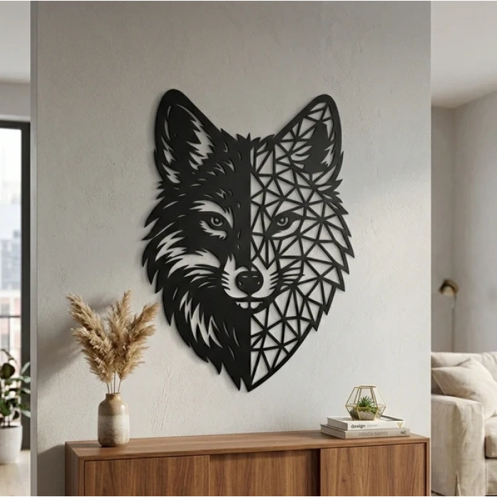 Geometrik Kurt Duvar Tablosu MDF Lazer Kesim Modern Duvar Süsü Minimal Hayvan Figürlü Dekor