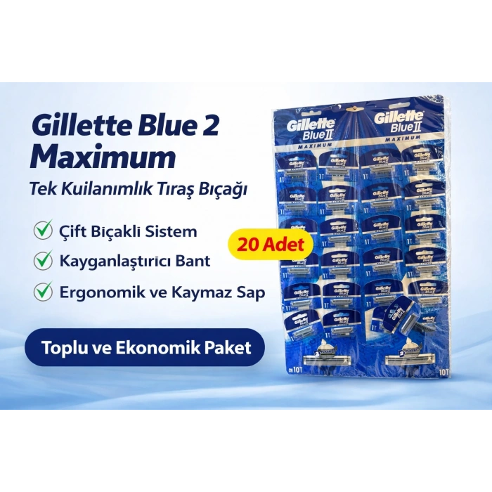 Jilet Blue 2 Maximum Tek Kullanımlık Tıraş Bıçağı 20 Adet Ekonomik Paket