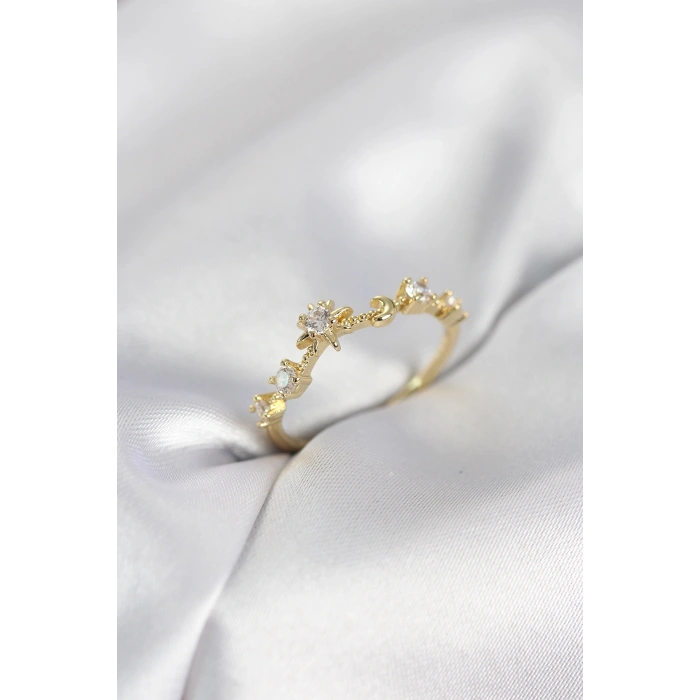 Gold Renk Gece Temalı Zirkon Taşlı Kadın Yüzük