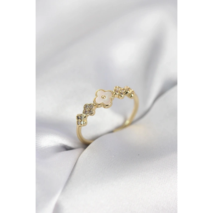 Gold Renk Minimal Yonca ve Zirkon Taşlı Kadın Yüzük