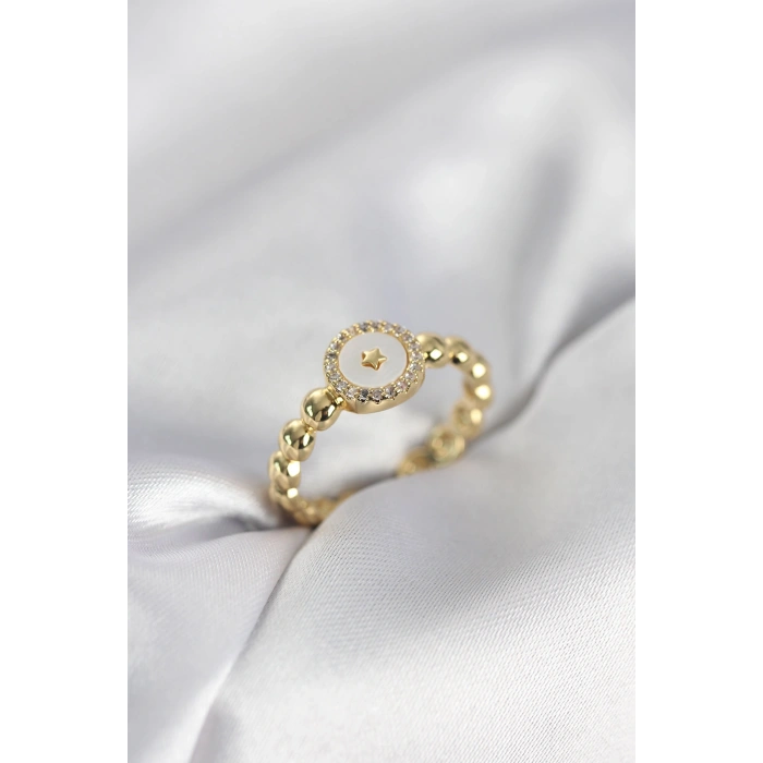Gold Renk Sedefli Yıldız Model Zirkon Taşlı Kadın Yüzük