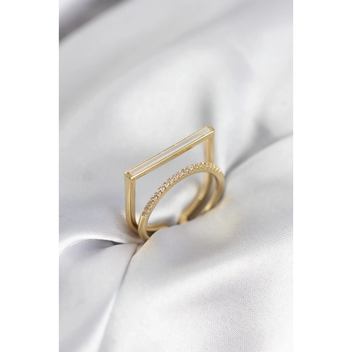 Gold Renk Sedefli Zirkon Taşlı 2li Kadın Yüzük